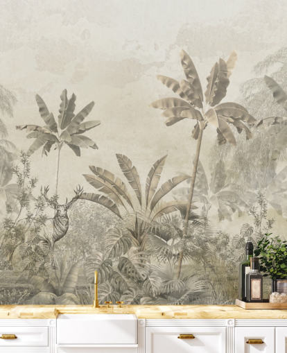 carta da parati murale personalizzata con paesaggio della giungla vintage greige