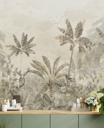 custom greige vintage jungle landscape wallpaper mural