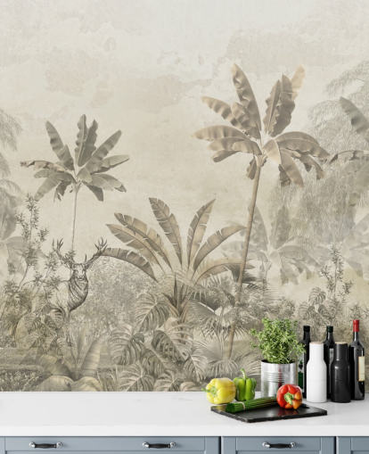 op maat gemaakte greige vintage jungle landschap behangmuurschildering op maat gemaakte greige vintage jungle landschap behangmuurschildering