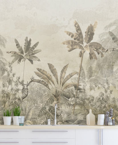 mural de papel pintado de paisaje selvático vintage greige personalizado