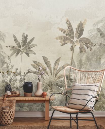 mural de papel pintado de paisaje selvático vintage greige personalizado