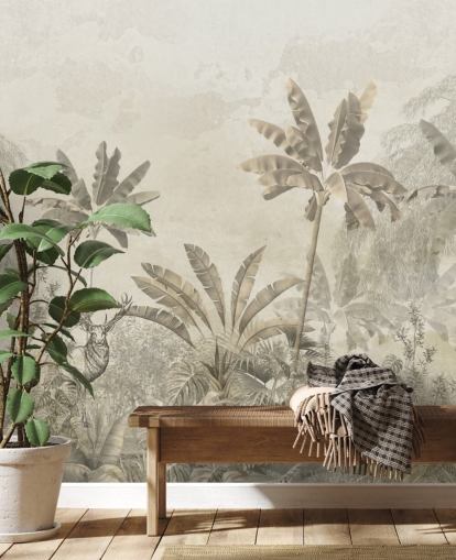 mural de papel de parede de paisagem de selva vintage cinza personalizado