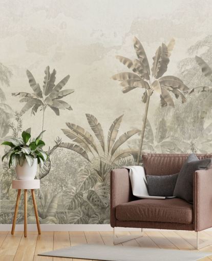 custom greige vintage jungle landscape wallpaper mural