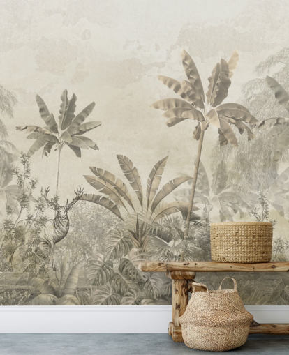 papier peint mural personnalisé de paysage de jungle vintage greige