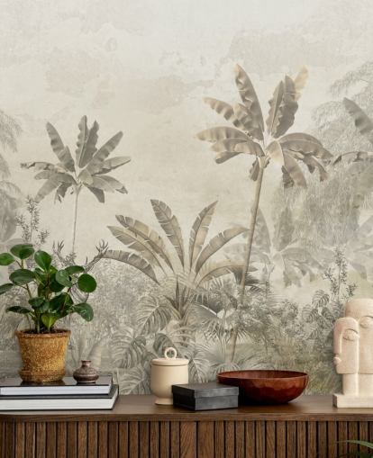 op maat gemaakte greige vintage jungle landschap behangmuurschildering