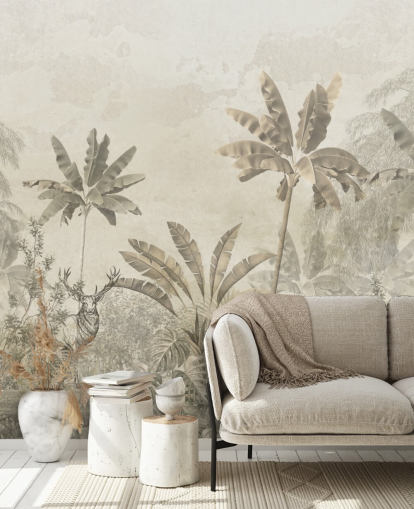 mural de papel de parede de paisagem de selva vintage cinza personalizado