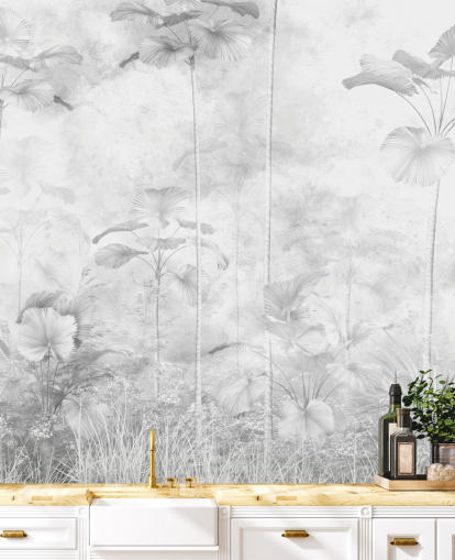 customisable monochrome jungle scenery wall mural for bedrooms 