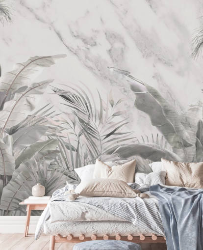 custom monochrome jungle leaves wall mural for bedrooms