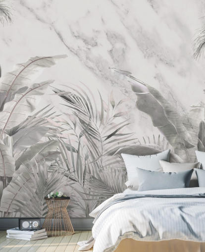 op maat gemaakte monochrome muurschildering van junglebladeren voor slaapkamers