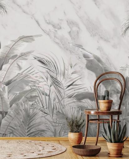 mural de pared de hojas de jungla monocromo personalizado para dormitorios