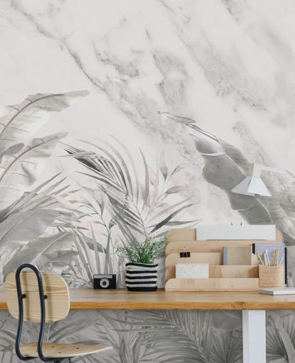 custom monochrome jungle leaves wall mural for bedrooms