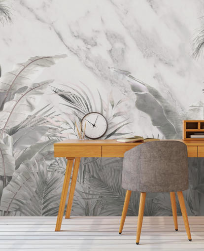 mural de parede de folhas de selva monocromáticas personalizado para quartos