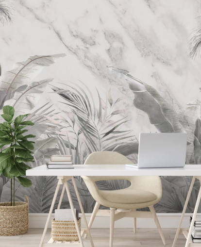 mural de pared de hojas de jungla monocromo personalizado para dormitorios