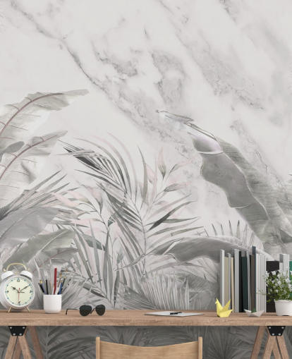 fresque murale monochrome personnalisée de feuilles de jungle pour chambres