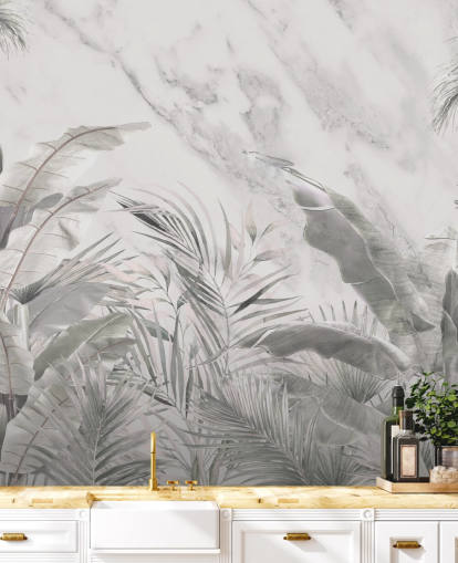 custom monochrome jungle leaves wall mural for bedrooms