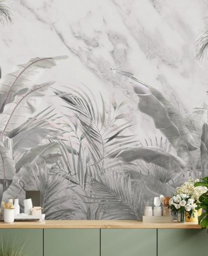 mural de pared de hojas de jungla monocromo personalizado para dormitorios