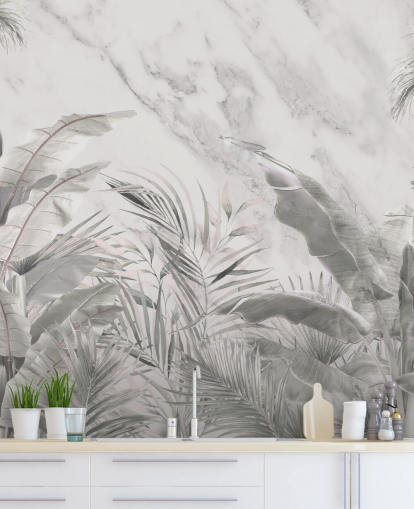 mural de pared de hojas de jungla monocromo personalizado para dormitorios