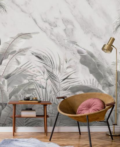 custom monochrome jungle leaves wall mural for bedrooms