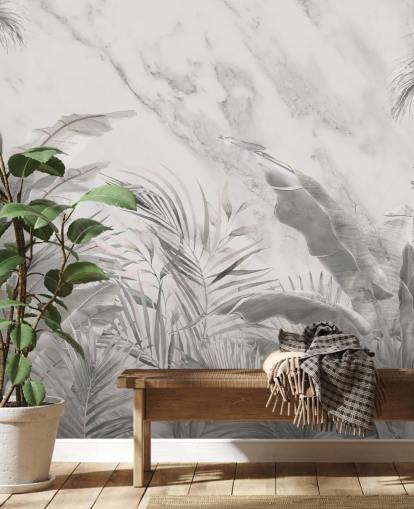 fresque murale monochrome personnalisée de feuilles de jungle pour chambres