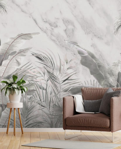 custom monochrome jungle leaves wall mural for bedrooms