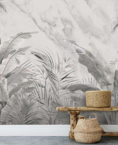 mural de pared de hojas de jungla monocromo personalizado para dormitorios