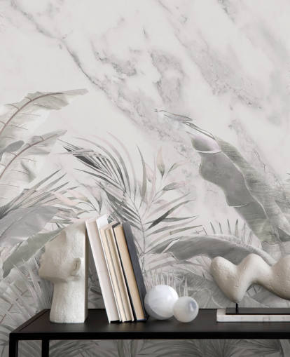 mural de pared de hojas de jungla monocromo personalizado para dormitorios