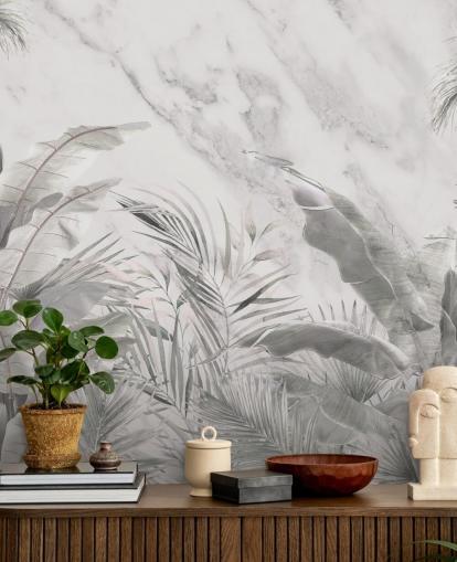 murale personalizzato monocromatico con foglie di giungla per camere da letto