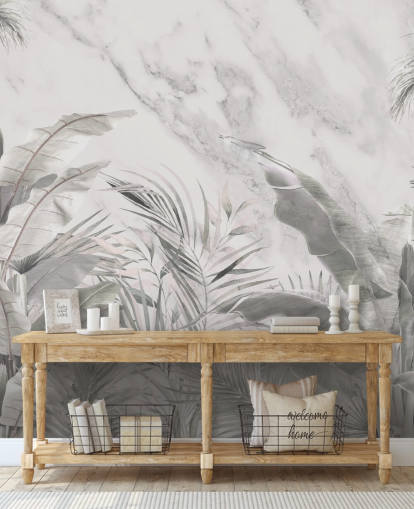 fresque murale monochrome personnalisée de feuilles de jungle pour chambres