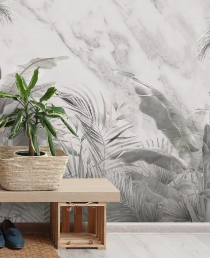 mural de parede de folhas de selva monocromáticas personalizado para quartos