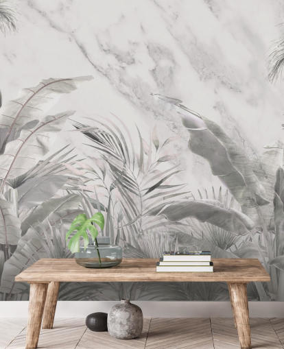 op maat gemaakte monochrome muurschildering van junglebladeren voor slaapkamers