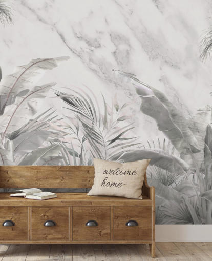 murale personalizzato monocromatico con foglie di giungla per camere da letto