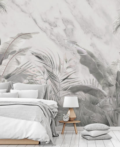 custom monochrome jungle leaves wall mural for bedrooms