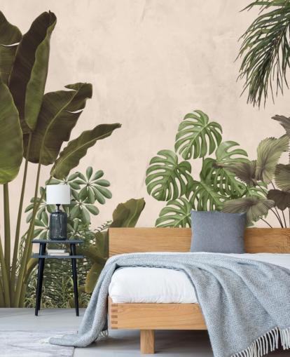 mural de papel pintado de selva verde y beige