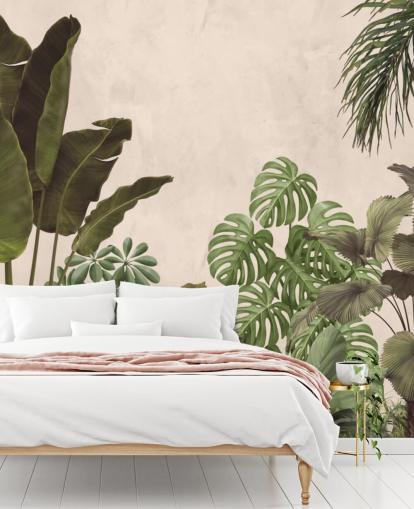 mural de papel pintado de selva verde y beige
