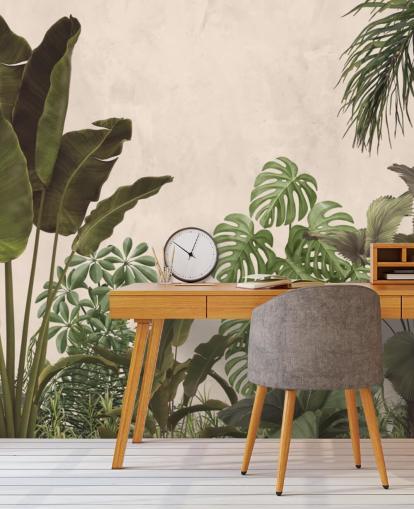 papier peint mural de la jungle verte et beige
