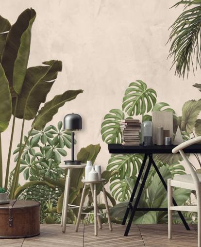 green and beige jungle wallpaper mural