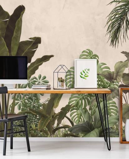 mural de papel pintado de selva verde y beige
