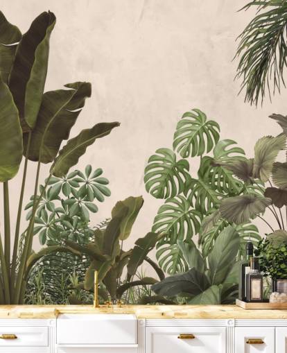 papier peint mural de la jungle verte et beige