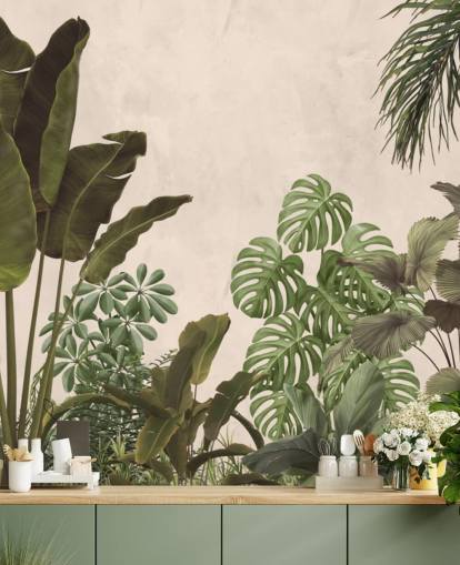 grøn og beige jungle tapet vægmaleri