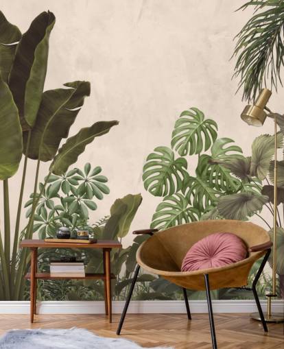 mural de papel de parede verde e bege da selva