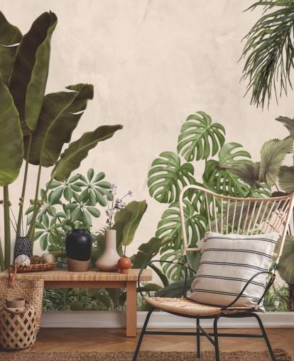 mural de papel pintado de selva verde y beige