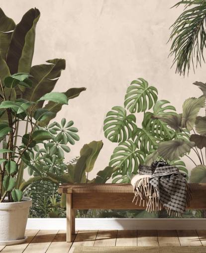 mural de papel pintado de selva verde y beige