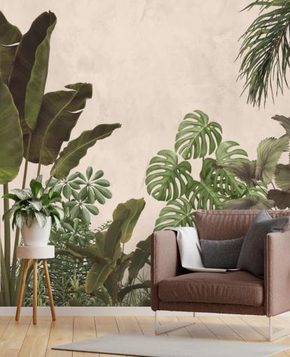 mural de papel pintado de selva verde y beige mural de papel pintado de selva verde y beige