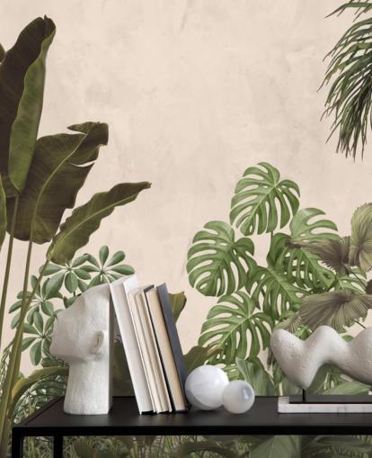 mural de papel de parede verde e bege da selva