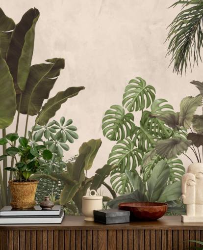 papier peint mural de la jungle verte et beige