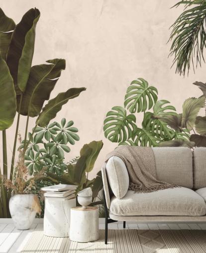 grøn og beige jungle tapet vægmaleri