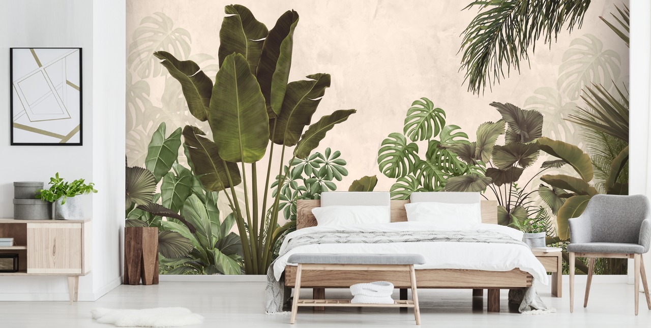 mural de papel de parede verde e bege da selva