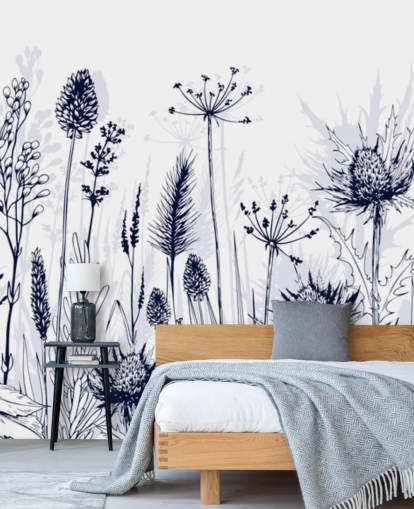 blå og hvit tilpassbar tistel tapet veggmaleri kalt Blue Thistles for soverom, kjøkken og bad