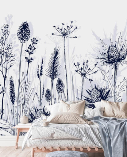 mural de papel de parede de cardo personalizável em azul e branco chamado Blue Thistles para quartos, cozinhas e banheiros mural de papel de parede de cardo personalizável em azul e branco chamado Blue Thistles para quartos, cozinhas e banheiros