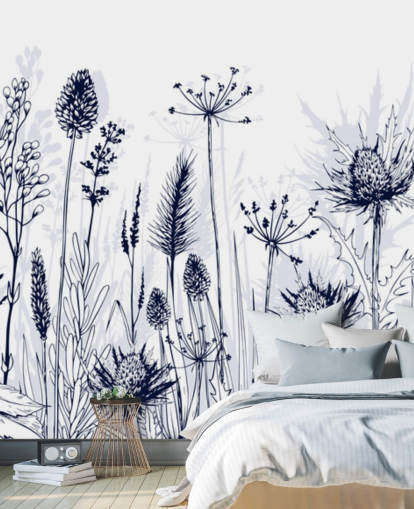 carta da parati murale personalizzabile blu e bianca chiamata Blue Thistles per camere da letto, cucine e bagni